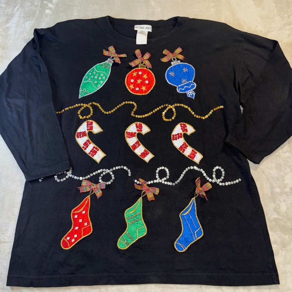 Vintage Victoria Jones Christmas Shirt Large Black Sequin Ornament Candy Cane L